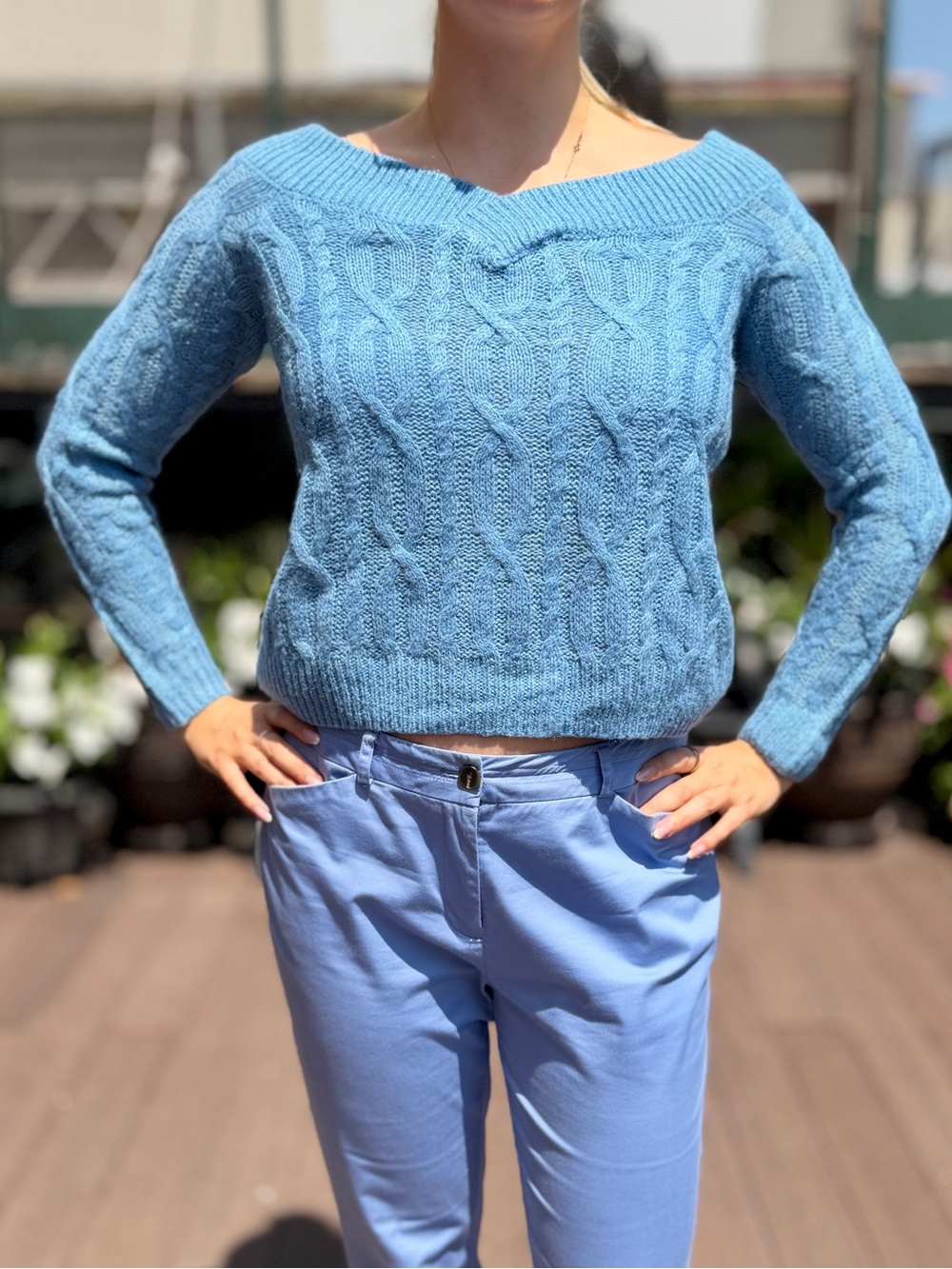 Miss Selfridge Blue Cable Knit Sweater V Neck Size US 4 UK 8 Acrylic